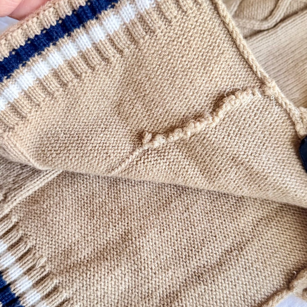 Tan Cable Knit Dog Sweater w Blue & White Stripes & Turtleneck - Picture 10 of 13